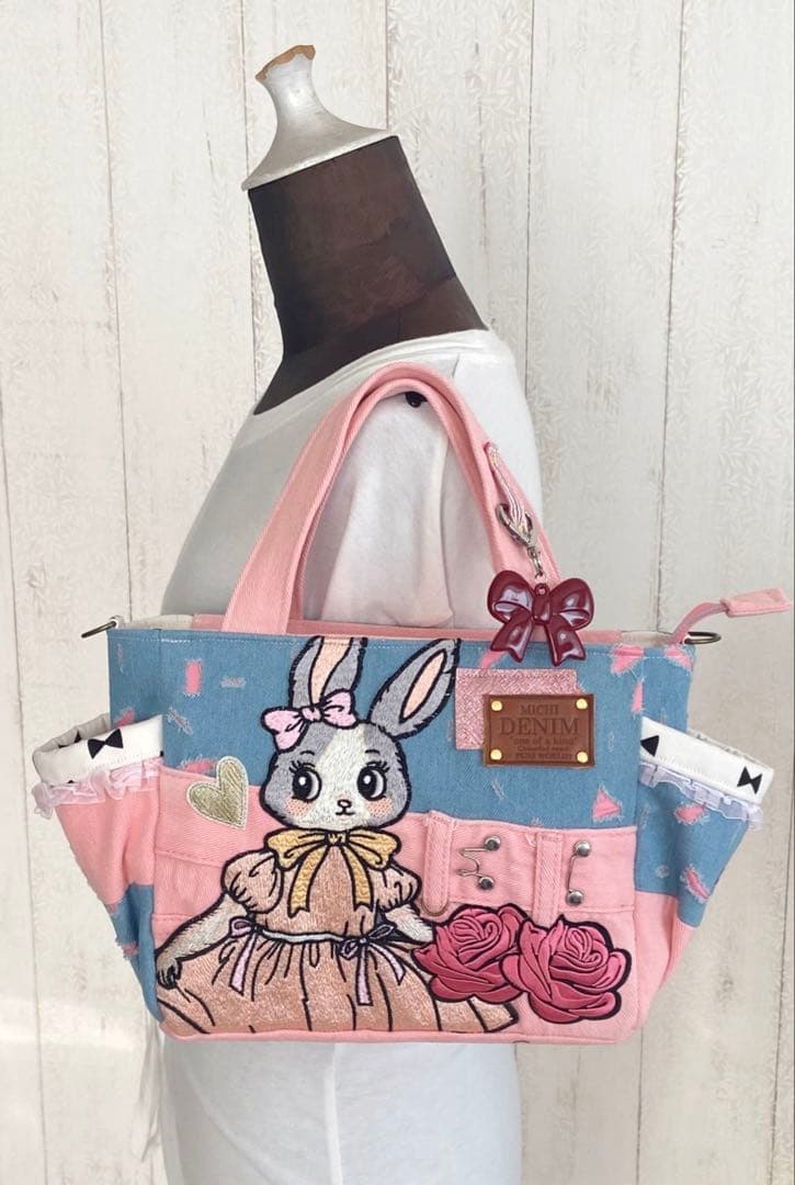 デニムリメイクバッグS ピンクワンピうさぎ