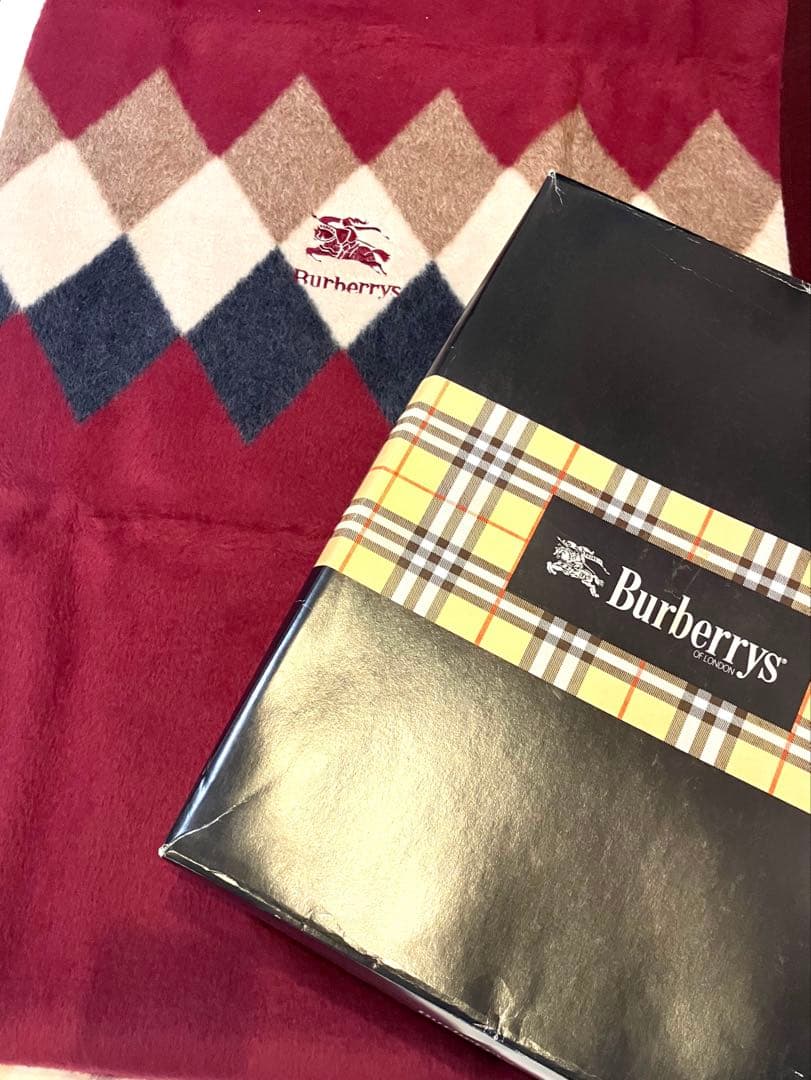 ⭐️未使用　Burberrys アーガイル柄　純毛毛布　ラム混　西川産業　ボルドー