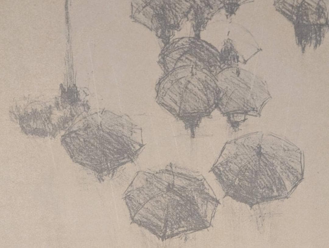 【真作】版画　リトグラフ　Rain　傘と街灯の情景　現代版画作品　Z94