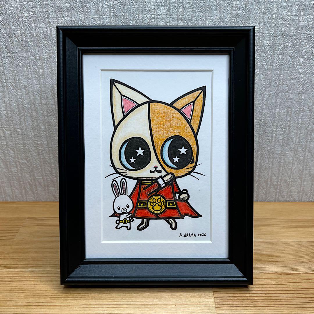 動物 原画 絵 手描き 癒し 猫 アート 一点物 額縁付 『レッド』