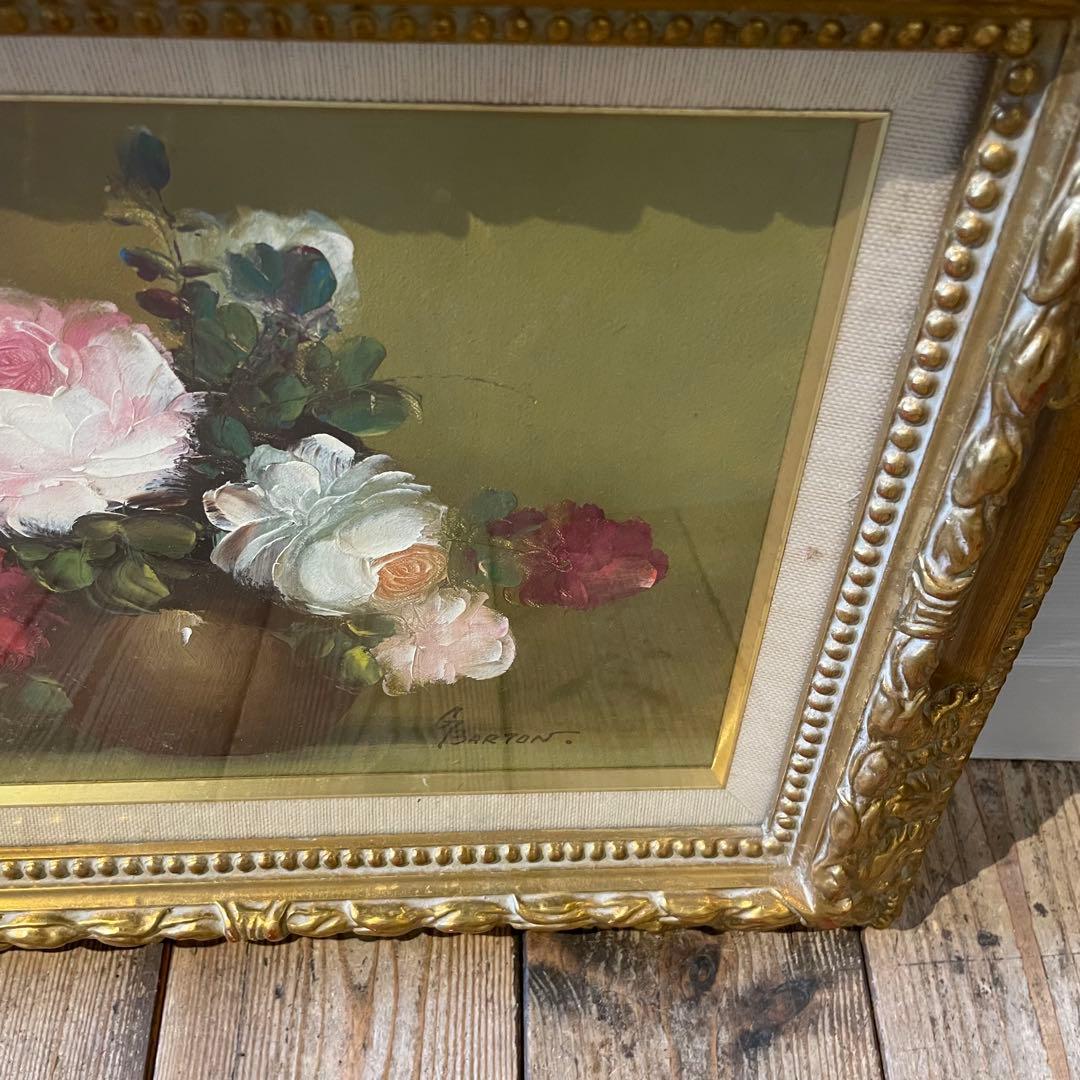 ドイツ人画家/G.Barton『薔薇』/油彩　骨董/バートン/静物画/絵画/額装