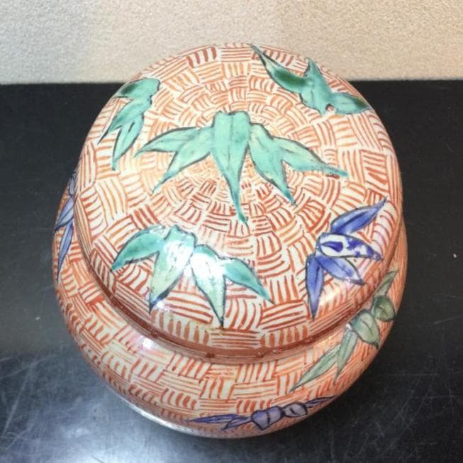 陶芸　手作り陶器　茶壺、赤絵竹図柄
