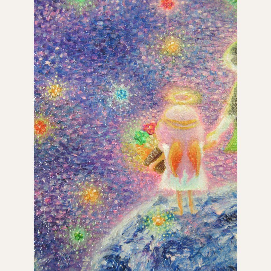 [匿名で配送] 一点もの ネコ 天使 星 宇宙 油絵 油彩 絵