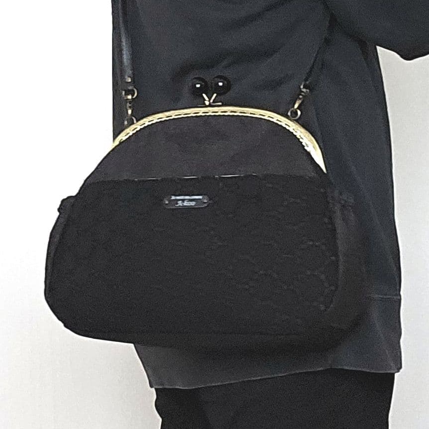 A-koo『受注製作』サークルレース☆デニム調☆黒☆がま口ショルダーバッグ