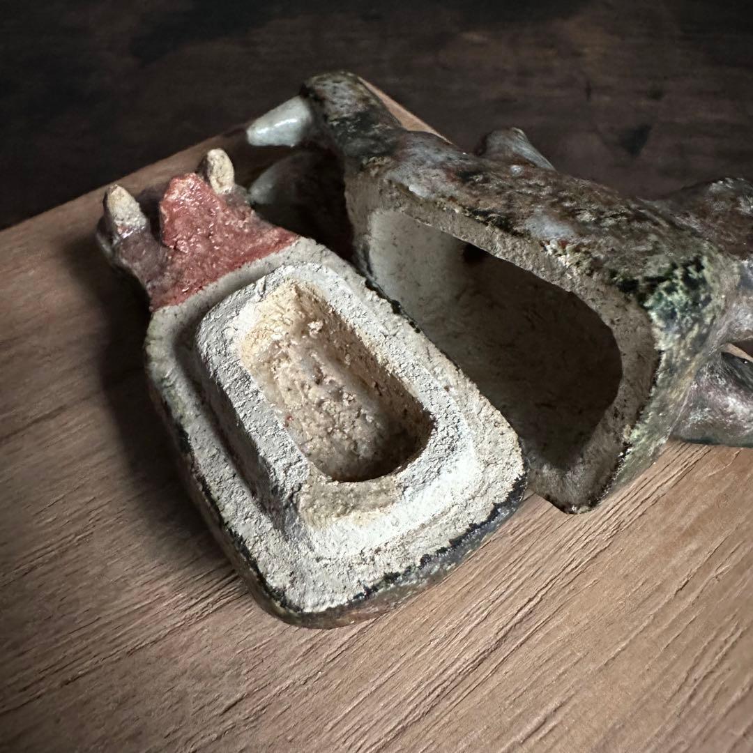 【珍品】美濃焼 織部焼 香道具 龍の頭型香合  龍頭香合 陶印あり 骨董