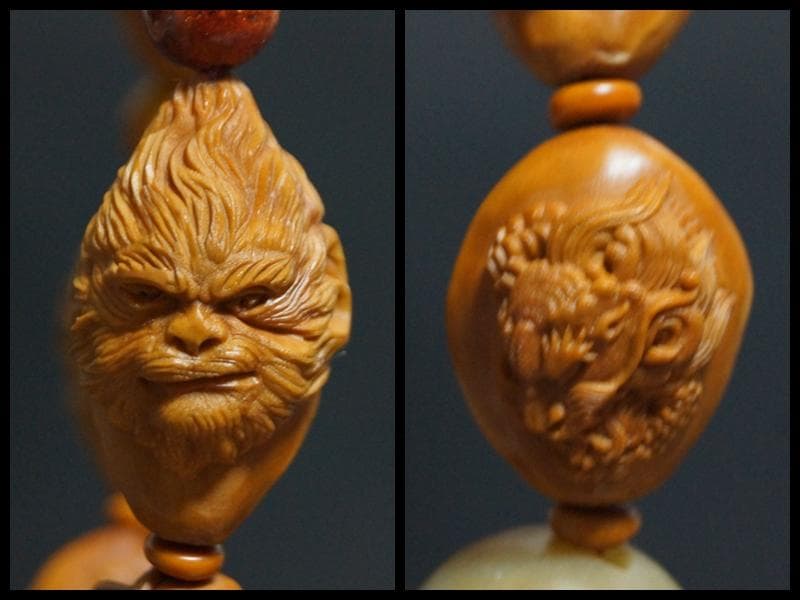 オリーブの種(橄欖核) 職人技細工彫り『悟空/三蔵法師/布袋様』数珠ブレスレット