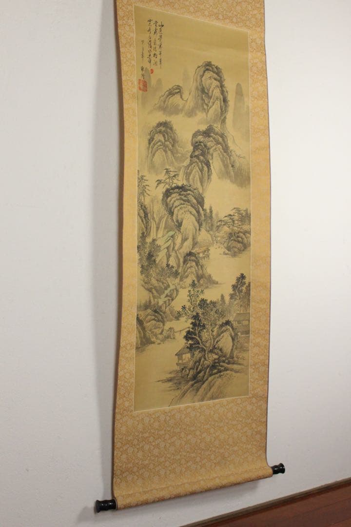 No5460 掛軸　在銘　聡博　山水画賛　絹本　紙箱付　中国画　古画　送料無料