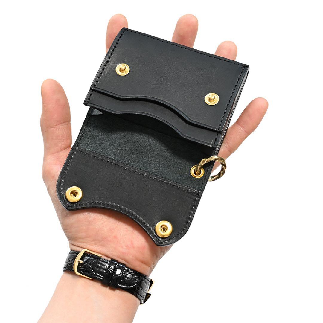 牛革コンパクトトラッカーウォレット ブラックレザー カウハイド ミニショート財布