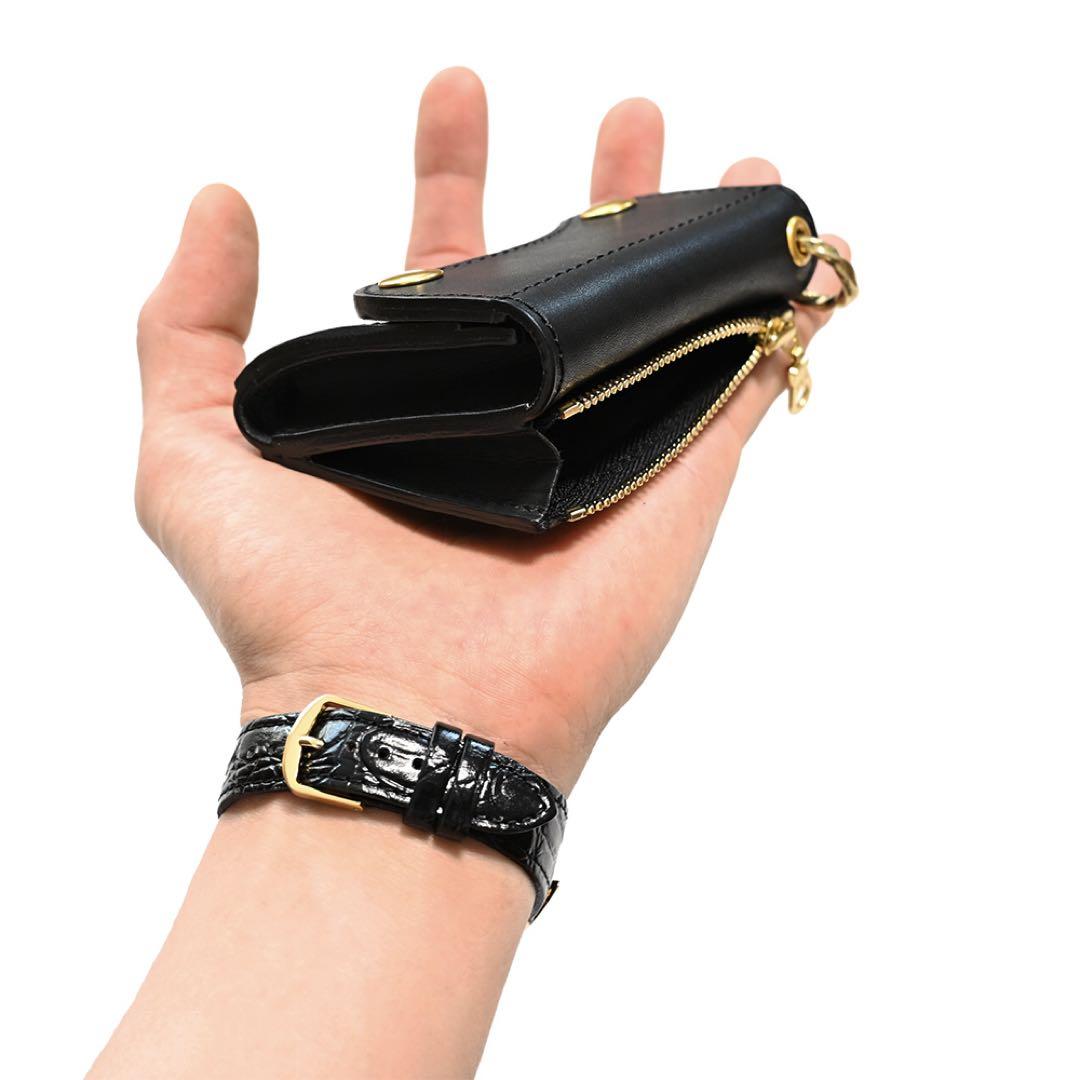 牛革コンパクトトラッカーウォレット ブラックレザー カウハイド ミニショート財布