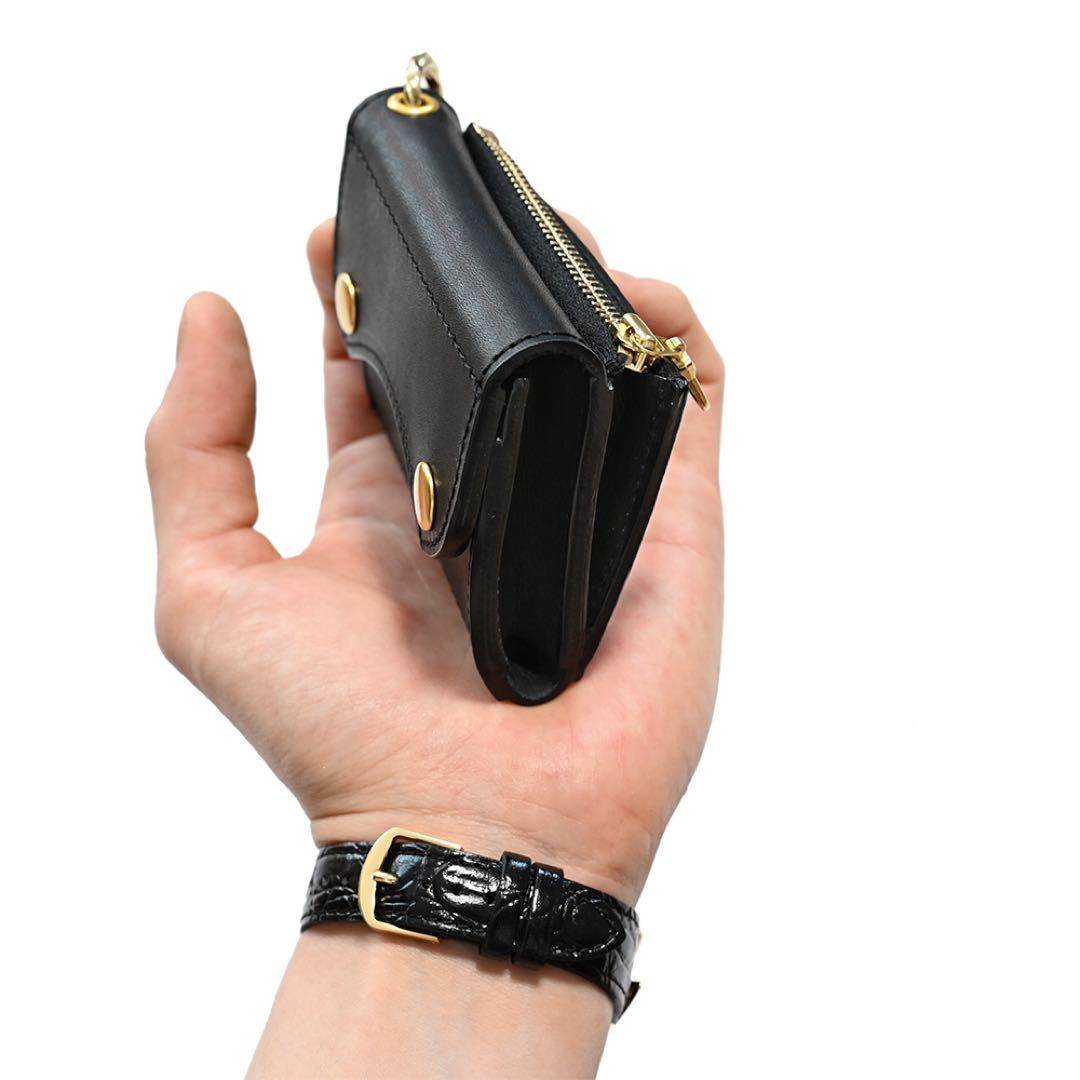牛革コンパクトトラッカーウォレット ブラックレザー カウハイド ミニショート財布