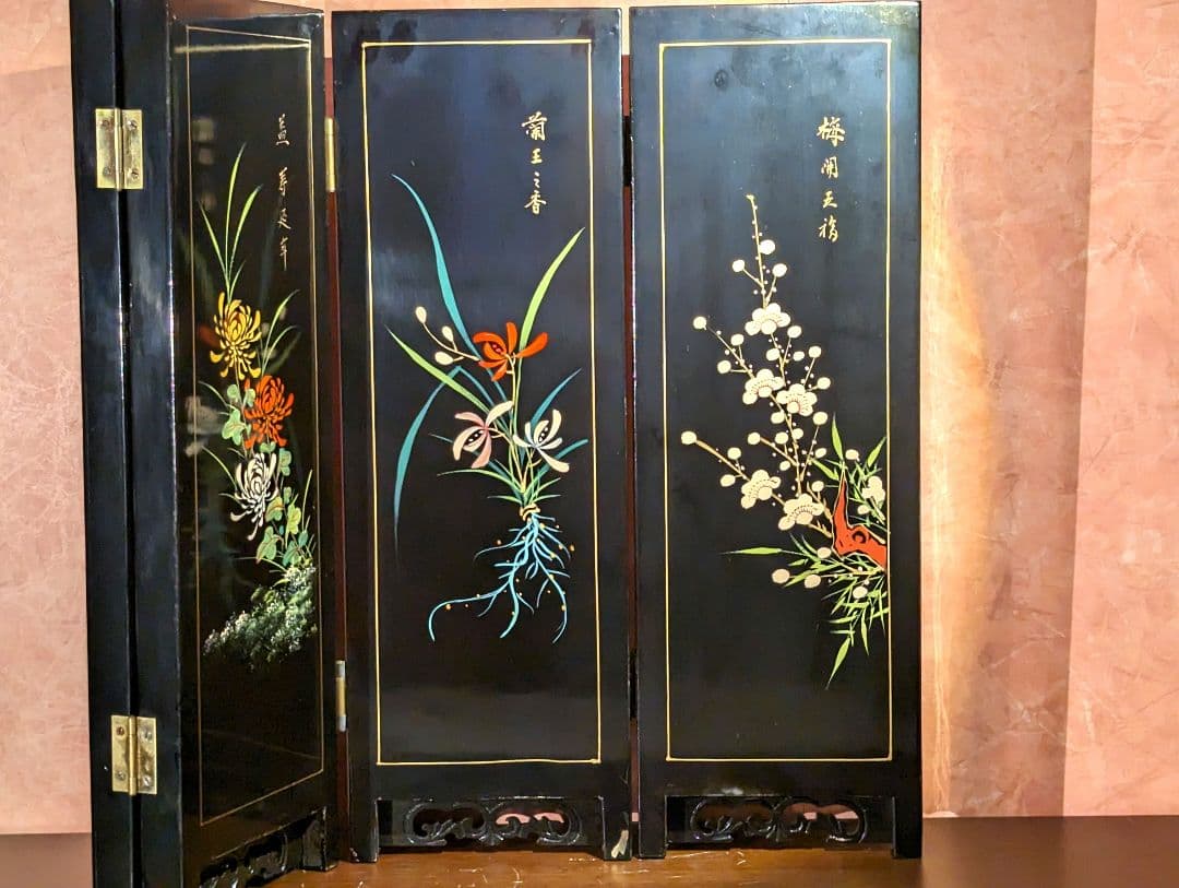 屏風　中国玉石装飾細工　春夏秋冬　　　　　骨董美術品　古美術品