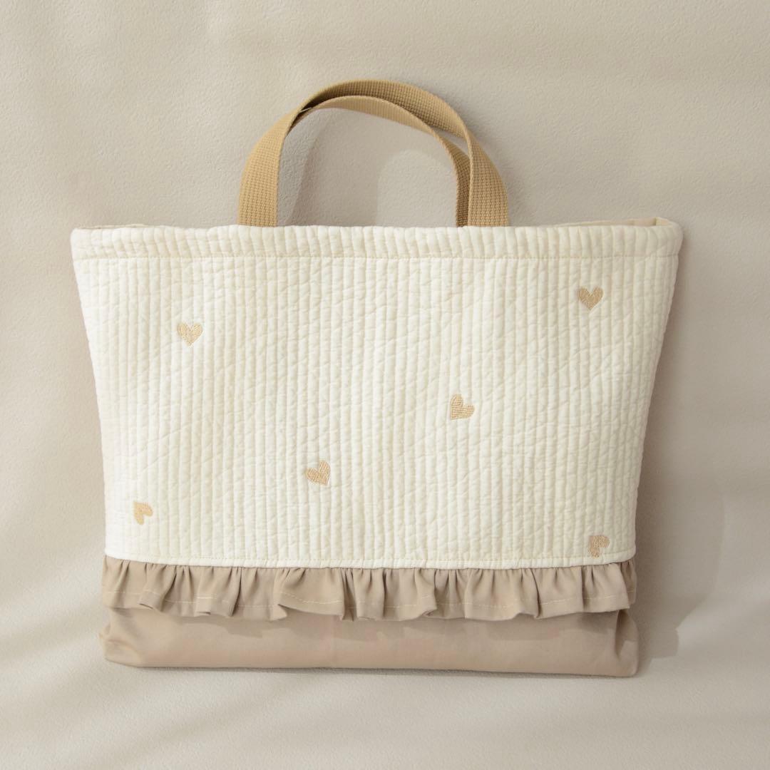 ハート刺繍ヌビ×フリル　入園入学3点セット/レッスンバッグ 上履き入れ 体操着袋