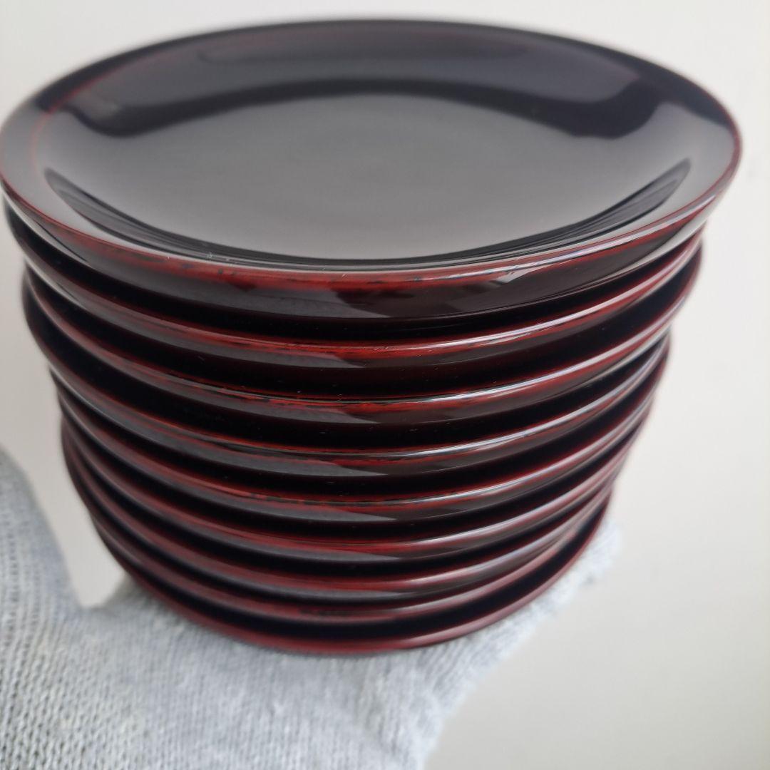 【山中漆器　5寸\"銘々皿×9客】天然木製　溜塗　ダルマ型　長期保管品
