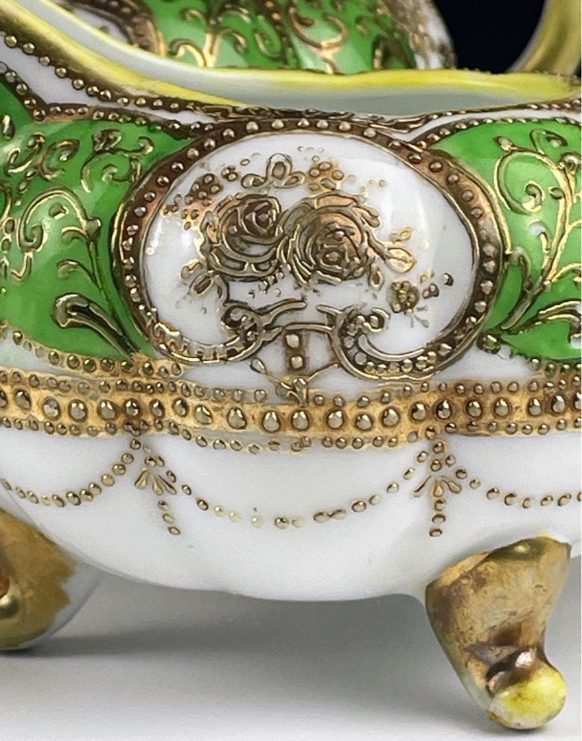 オールドノリタケ 三脚 グリーンエナメル 盛上げ金彩 シュガーボウル クリーマー