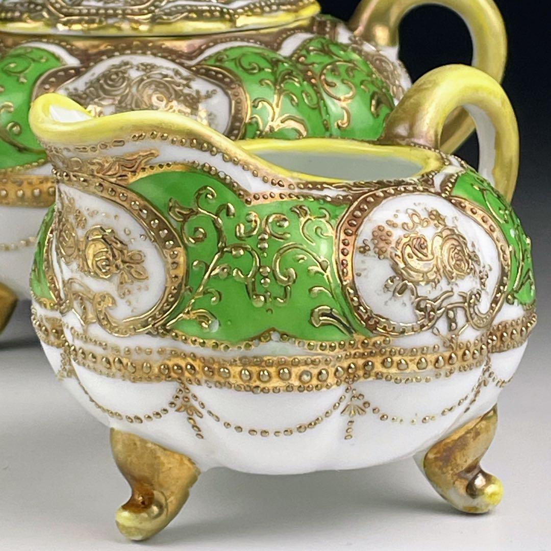 オールドノリタケ 三脚 グリーンエナメル 盛上げ金彩 シュガーボウル クリーマー
