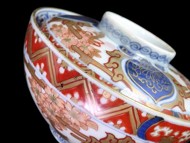 古伊万里　金襴手　桜花紋に光背の図　大振蓋茶碗　AS-DBz