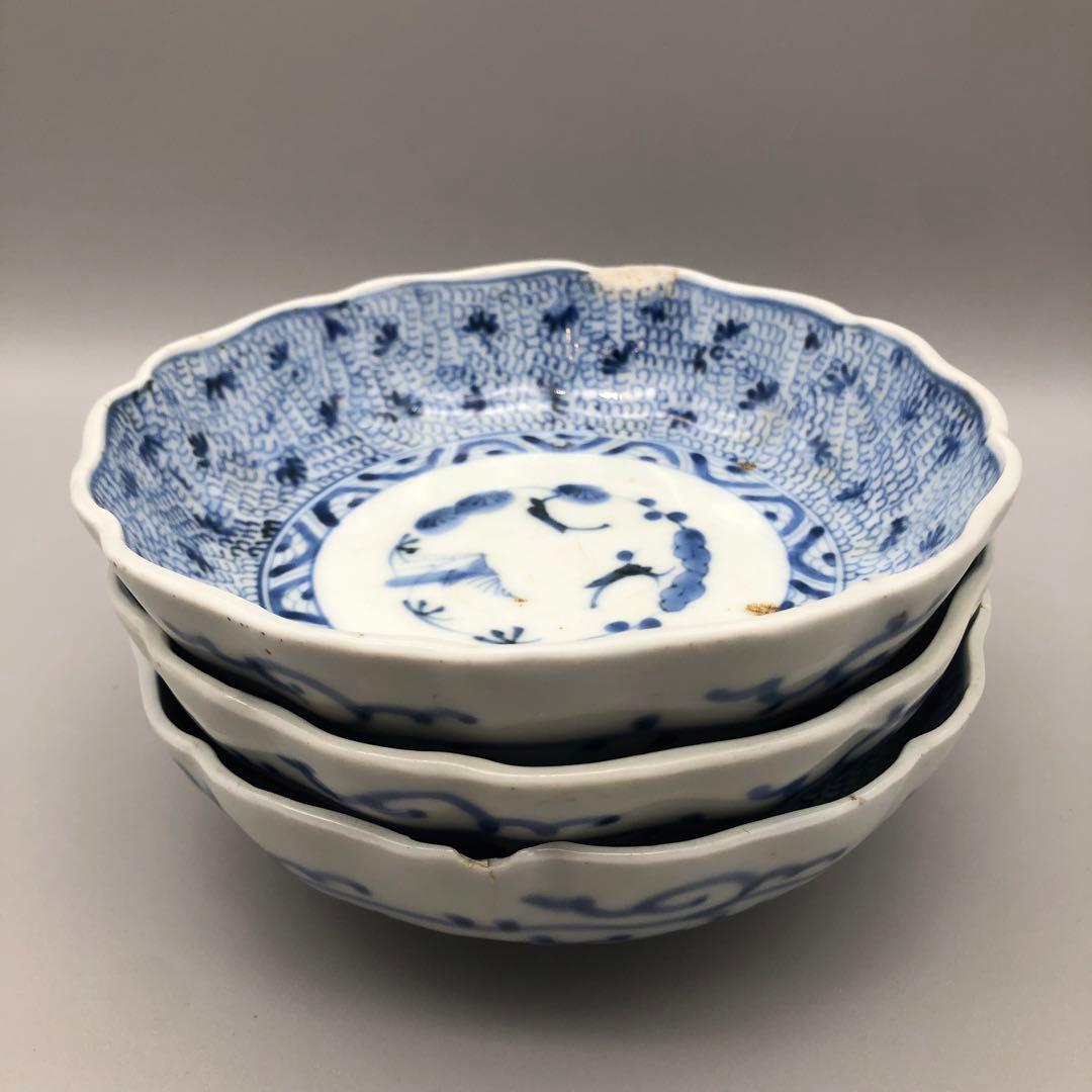 年代物希少古伊万里染付みじん唐草文なます皿 3枚15cm骨董品ビンテージ食器
