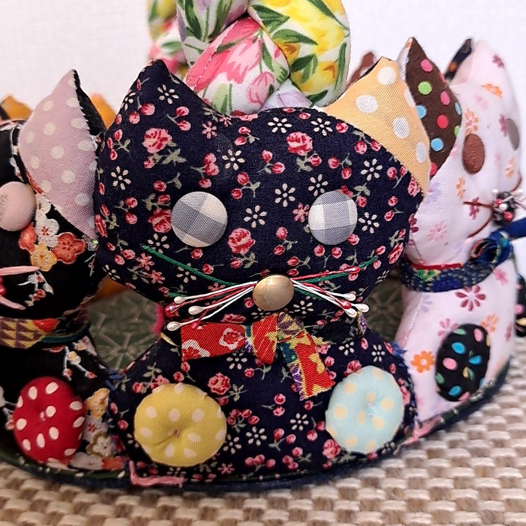 猫型バスケット　パッチワークキルト　猫グッズ　猫雑貨　パッチワーク作品　猫バック