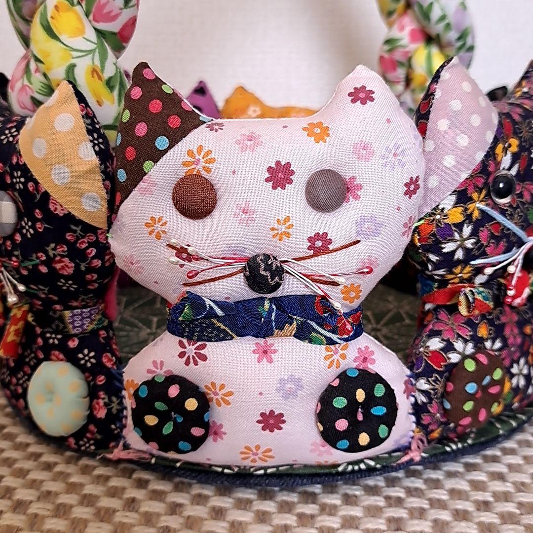 猫型バスケット　パッチワークキルト　猫グッズ　猫雑貨　パッチワーク作品　猫バック