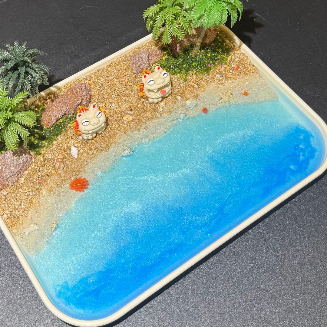癒しのレジンアート インテリアトレイ 小物置き 沖縄の海×シーサー【一点物】
