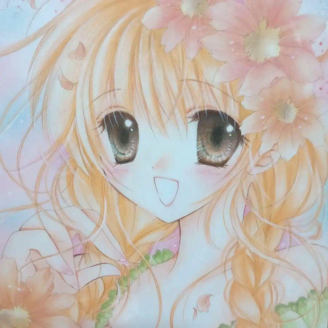 美少女　直筆イラスト色紙　直筆サイン入り　EMU先生　お花