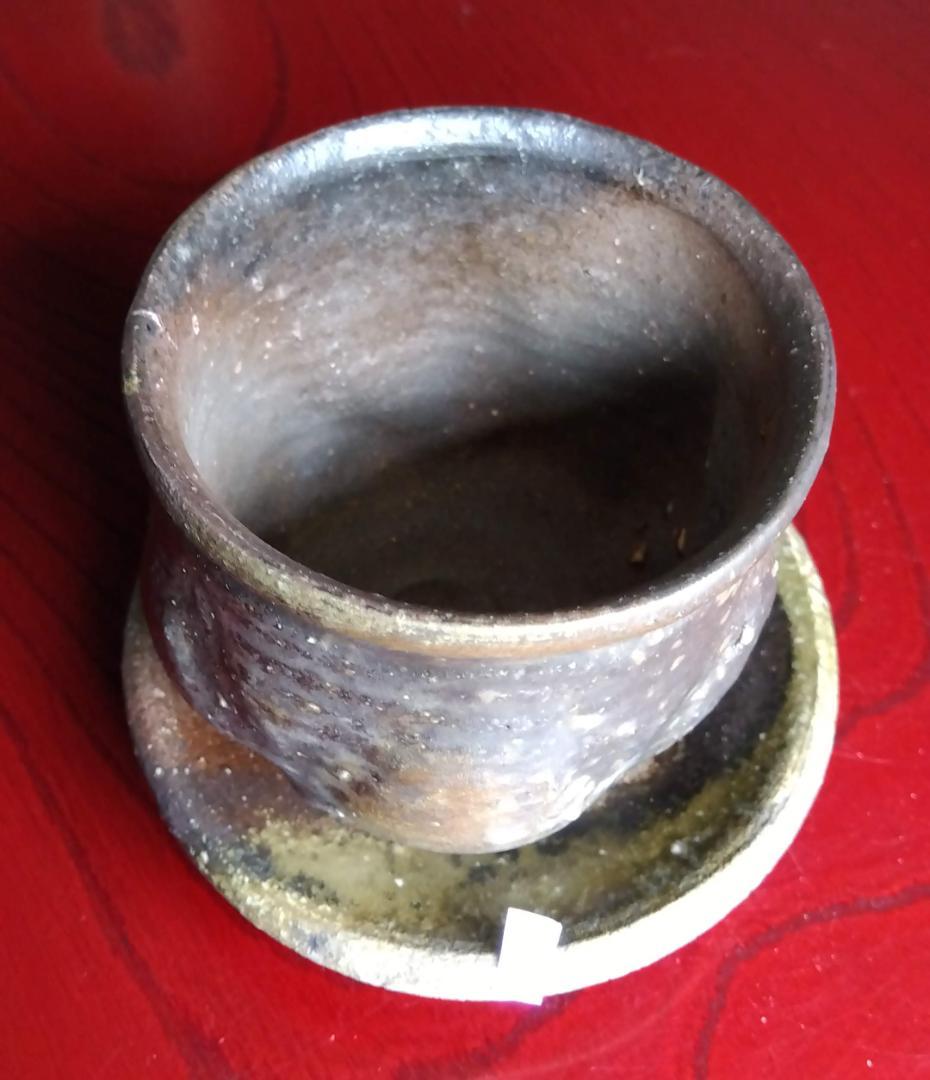 前焼名工　白越不朝　塩越窯自然灰釉究極美逸品ぐい呑み湯呑2種茶托3点セットNo8