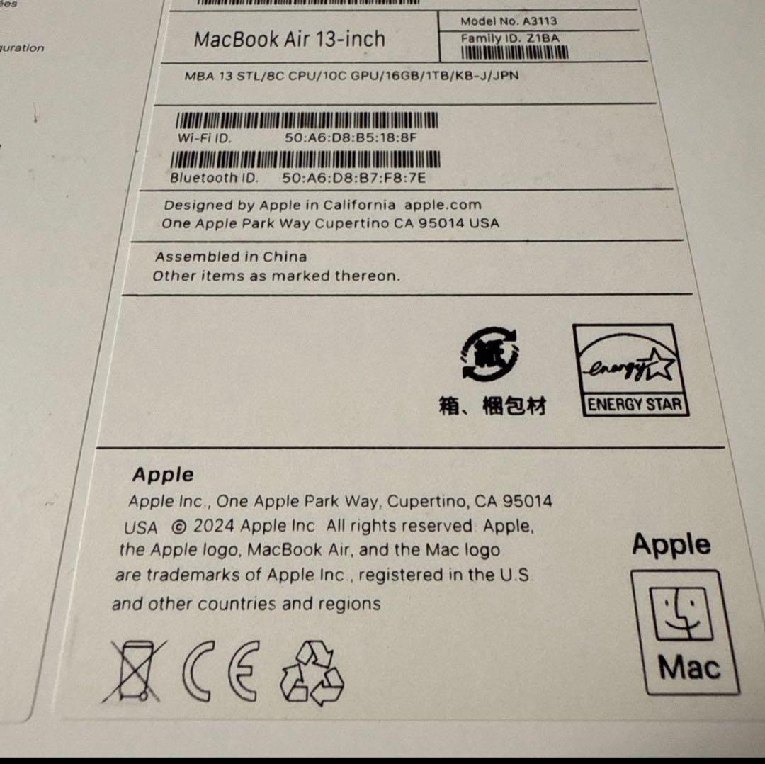 オ*ズ様 MacBook Air M3 2024 16GB 1TB スターライト