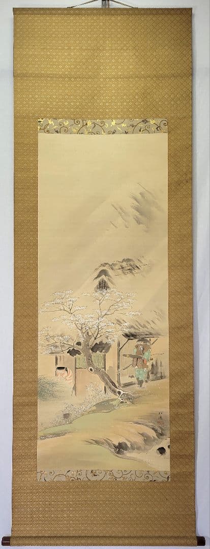 松村松僊　桜　歴史画　掛け軸　合わせ箱　書画、骨董品、美術品