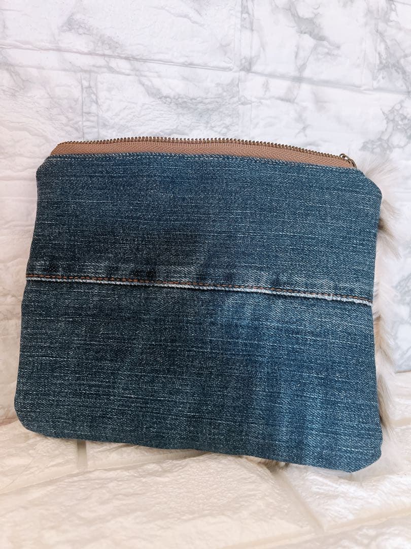4✳B様♡専用 ポーチ付き♡リメイクデニムファートートバッグ(^^)
