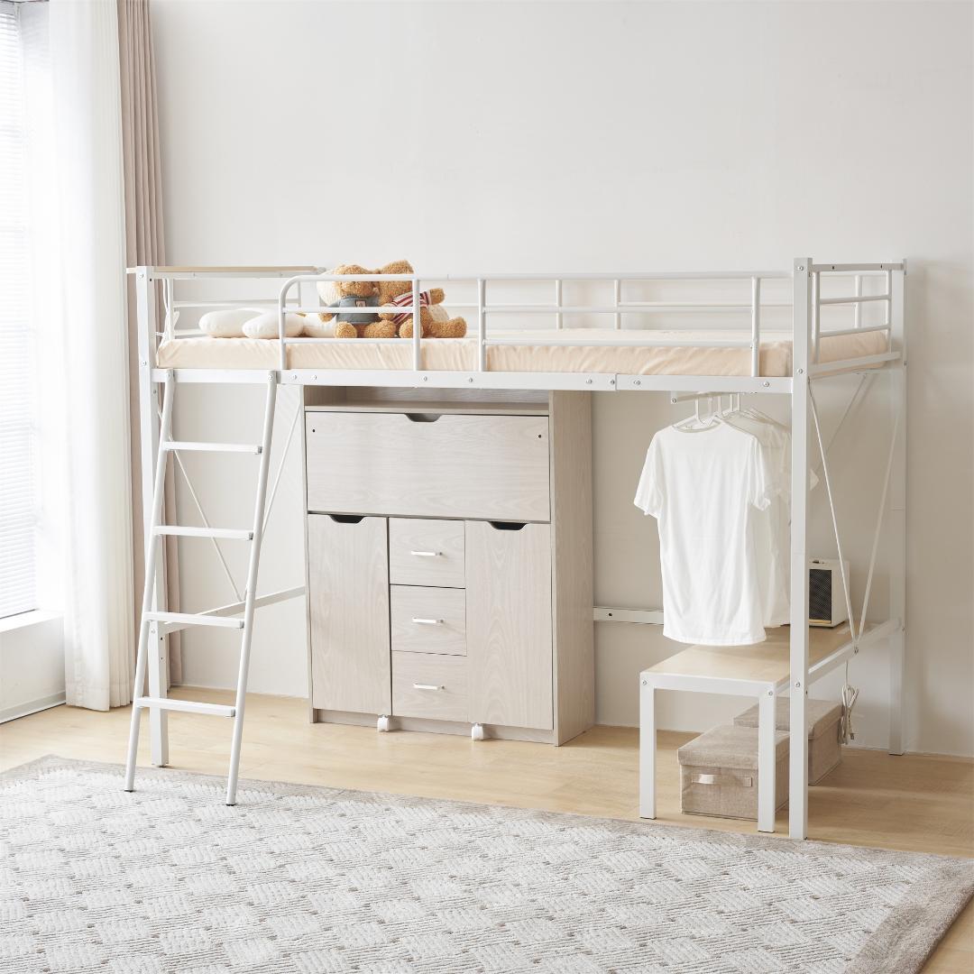 ロフトベッド シングル コンセント付き子供部屋 スチール 耐震　WHITE