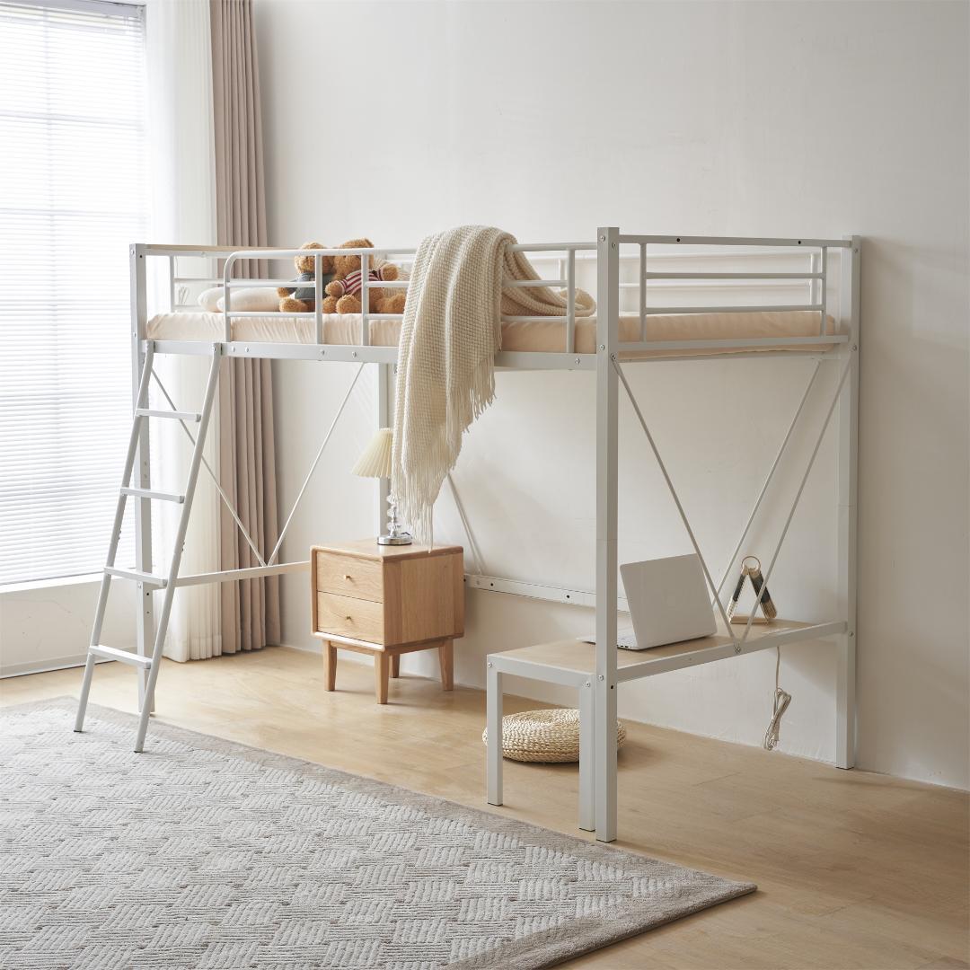 ロフトベッド シングル コンセント付き子供部屋 スチール 耐震　WHITE