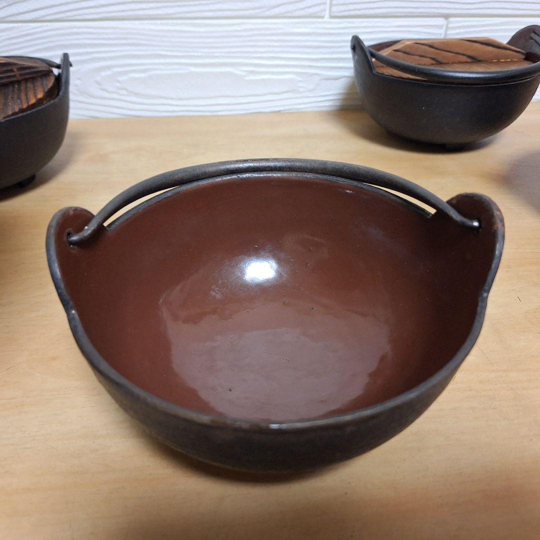 【良品】南部鉄器 いろり鍋 4客セット 木蓋付き 田舎鍋 ホーロー加工 15cm