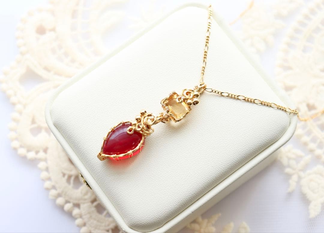 アンダラクリスタルとシトリンのワイヤージュエリーネックレス✧レッド ペンダント