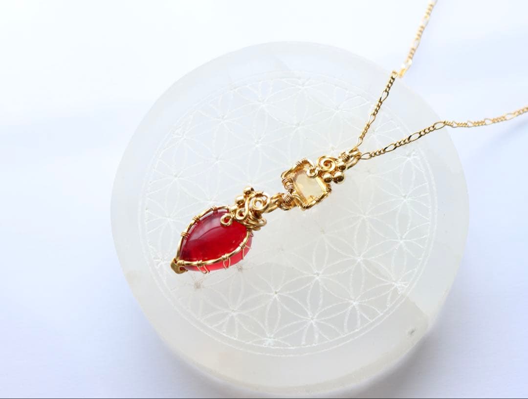 アンダラクリスタルとシトリンのワイヤージュエリーネックレス✧レッド ペンダント