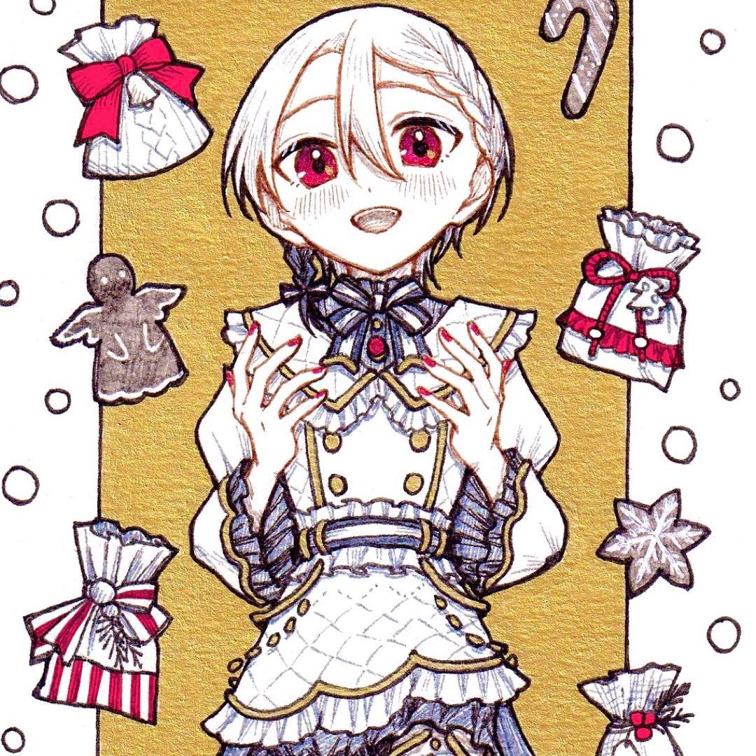 手描きイラスト オリジナル 創作 原画 ドローイング クリスマス 天使 金 赤