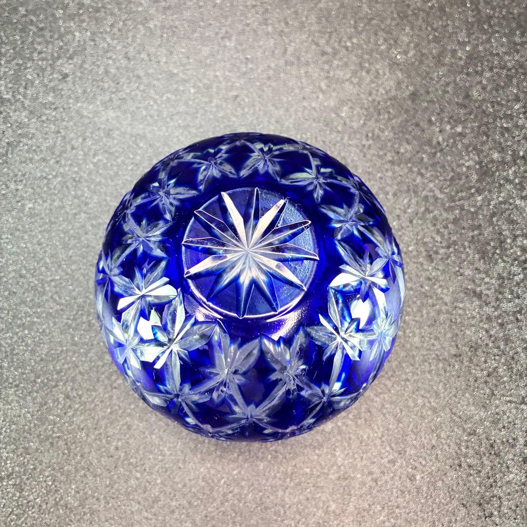 未使用品　伝統工藝切子　藍彩華　花生 円形　花器　花瓶　オブジェ