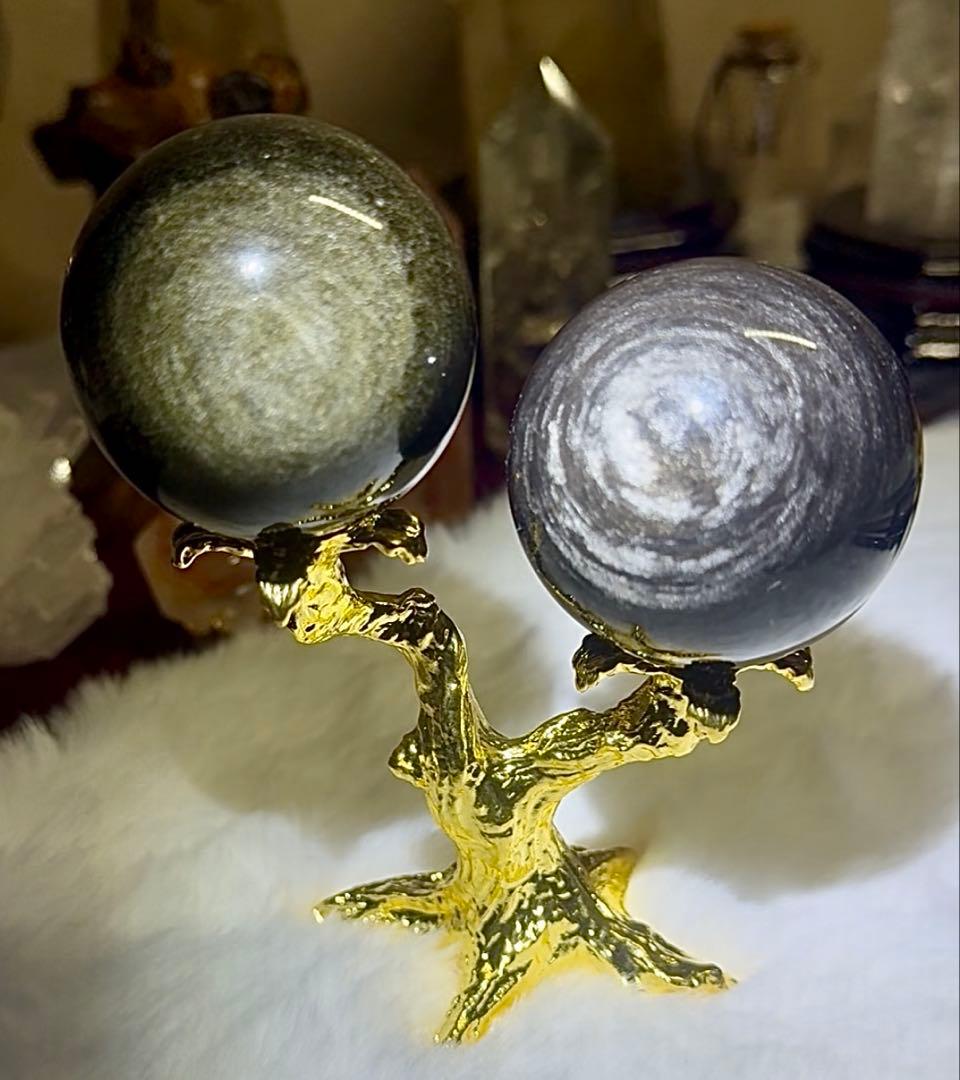 ゴールド＆シルバーオブシディアン スフィアセット 台座付き Amulet