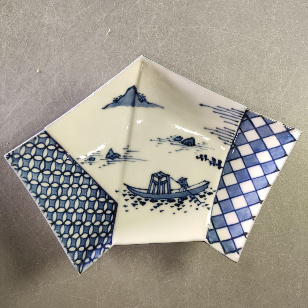 A1224-2/宮永東山 造/結文形青花遊舟図刺身皿5客/共箱/銘々皿/懐石道具
