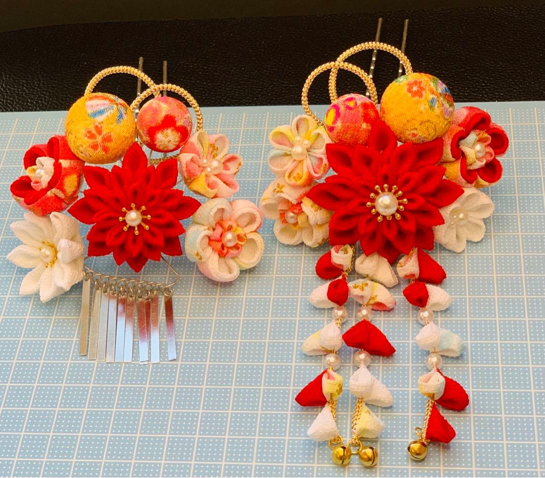 七五三髪飾り つまみ細工 3歳 7歳 パステルカラー 赤色×白色 5-N