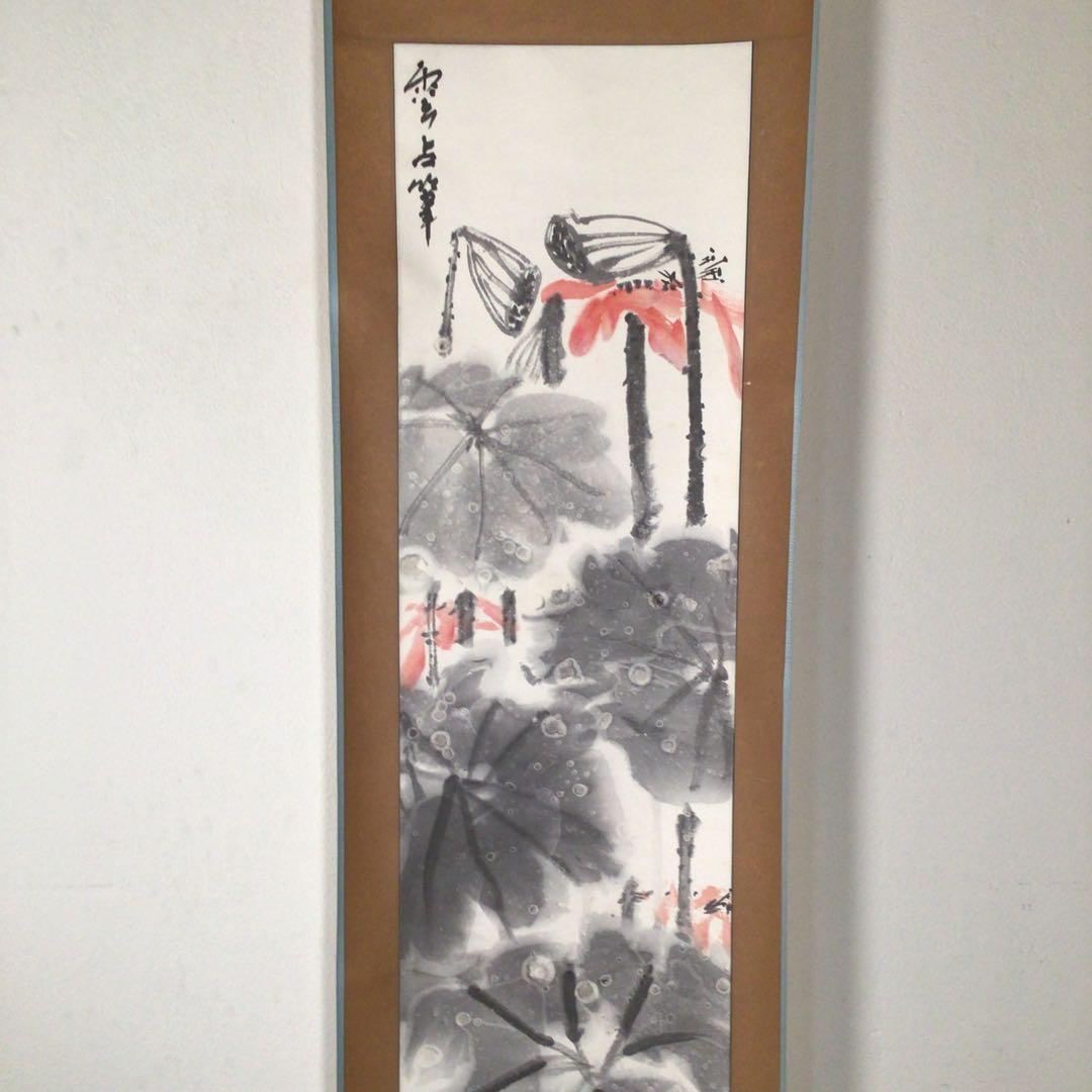 No4411 掛軸　雲占　蓮の花　水墨画　肉筆紙本　日本画　古画　絵画　送料無料