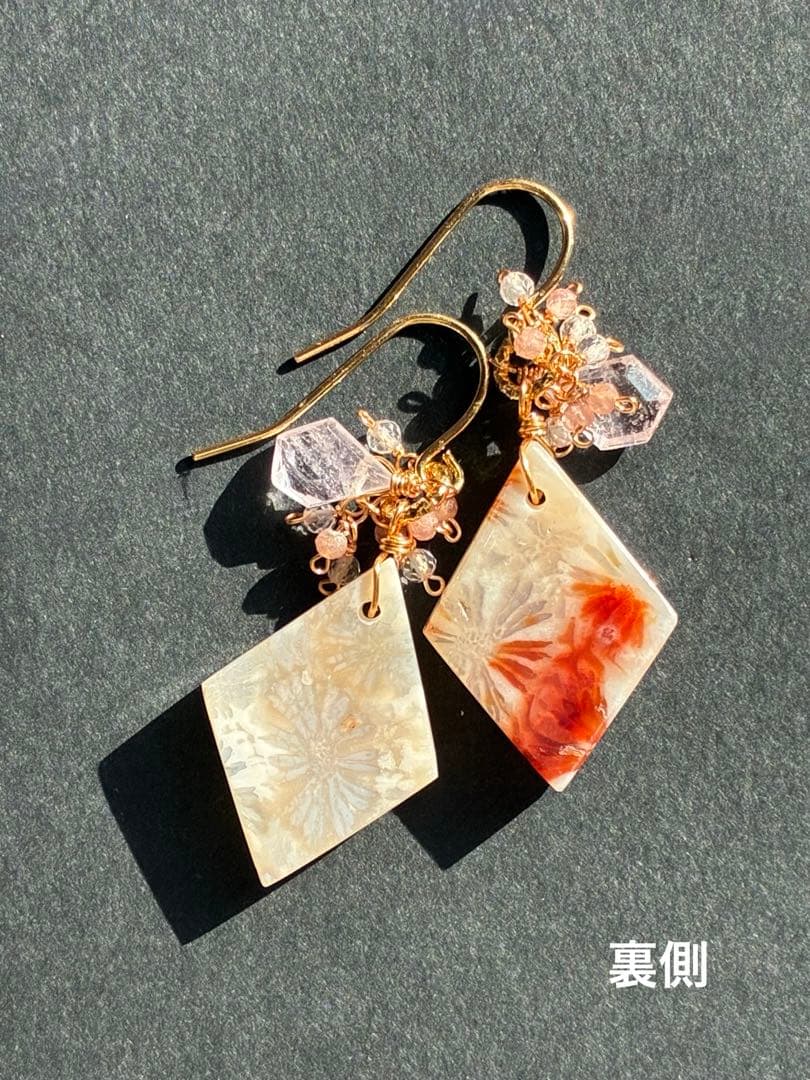 14kgf 春色フォッシルコーラル×モルガナイト ピアス