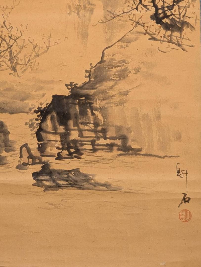 【真作】掛軸　幽谷山水図　淡墨の奥行きが美しい文人画風山水　V65