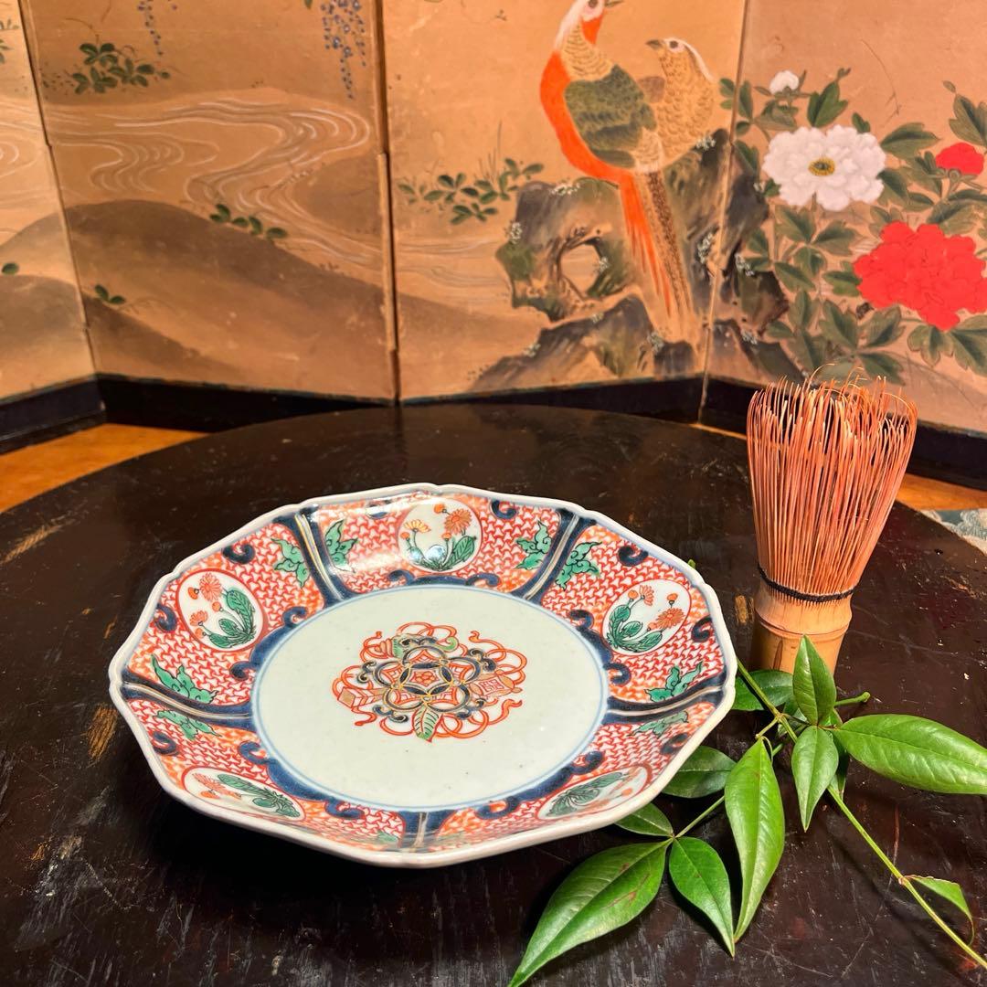 【特別出品】古伊万里　元禄伊万里　柿右衛門　色絵　宝丸紋　輪花型皿