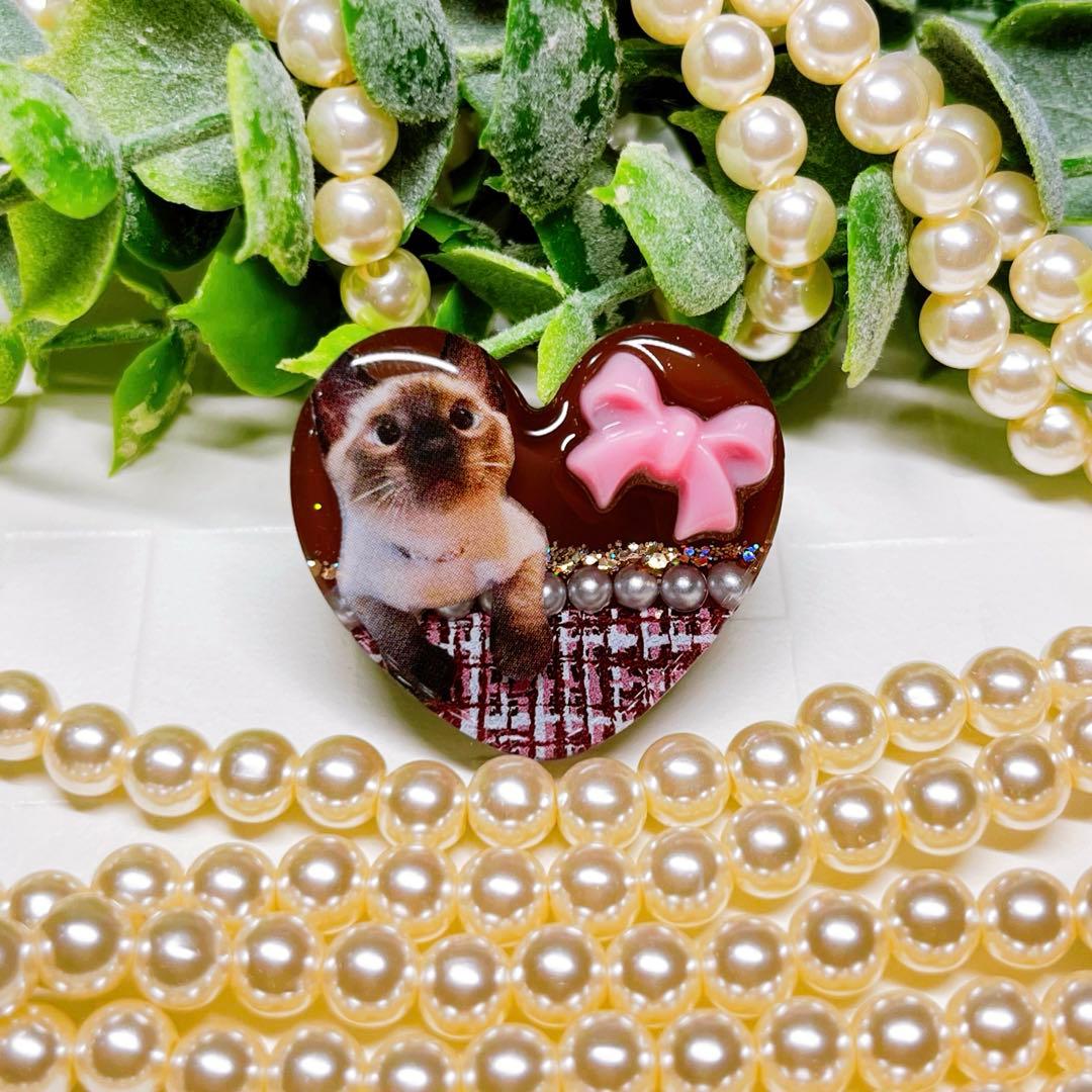 ゆきそら様レジンヘアゴム シャム猫ちゃん ツイードリボン チョコNo.1200
