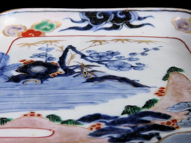 古伊万里　染錦　山水に松竹梅の図　角皿　F064AS-CQu