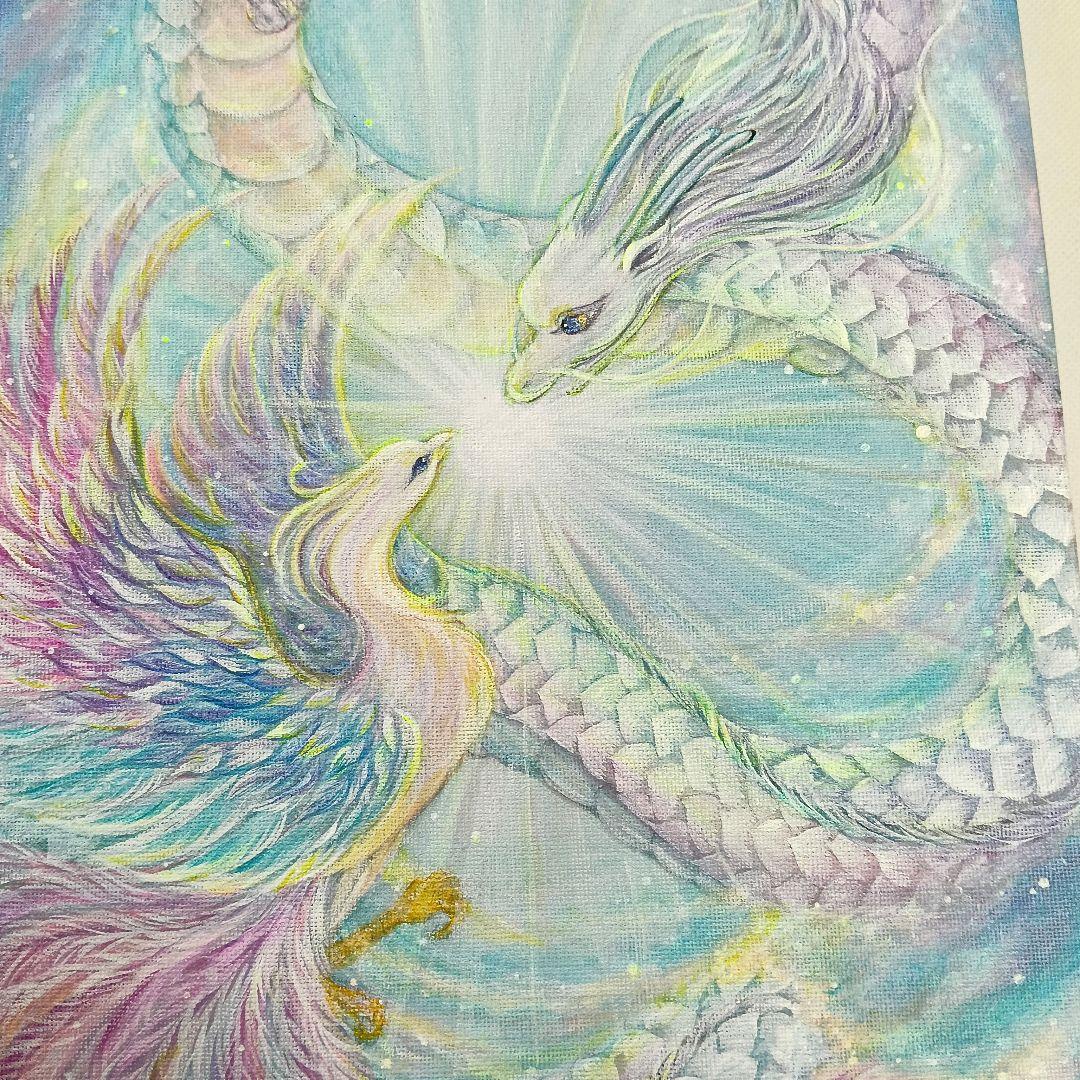 No.502 原画　F4キャンバス　龍と鳳凰　アクリル絵画　開運絵画　龍神絵画