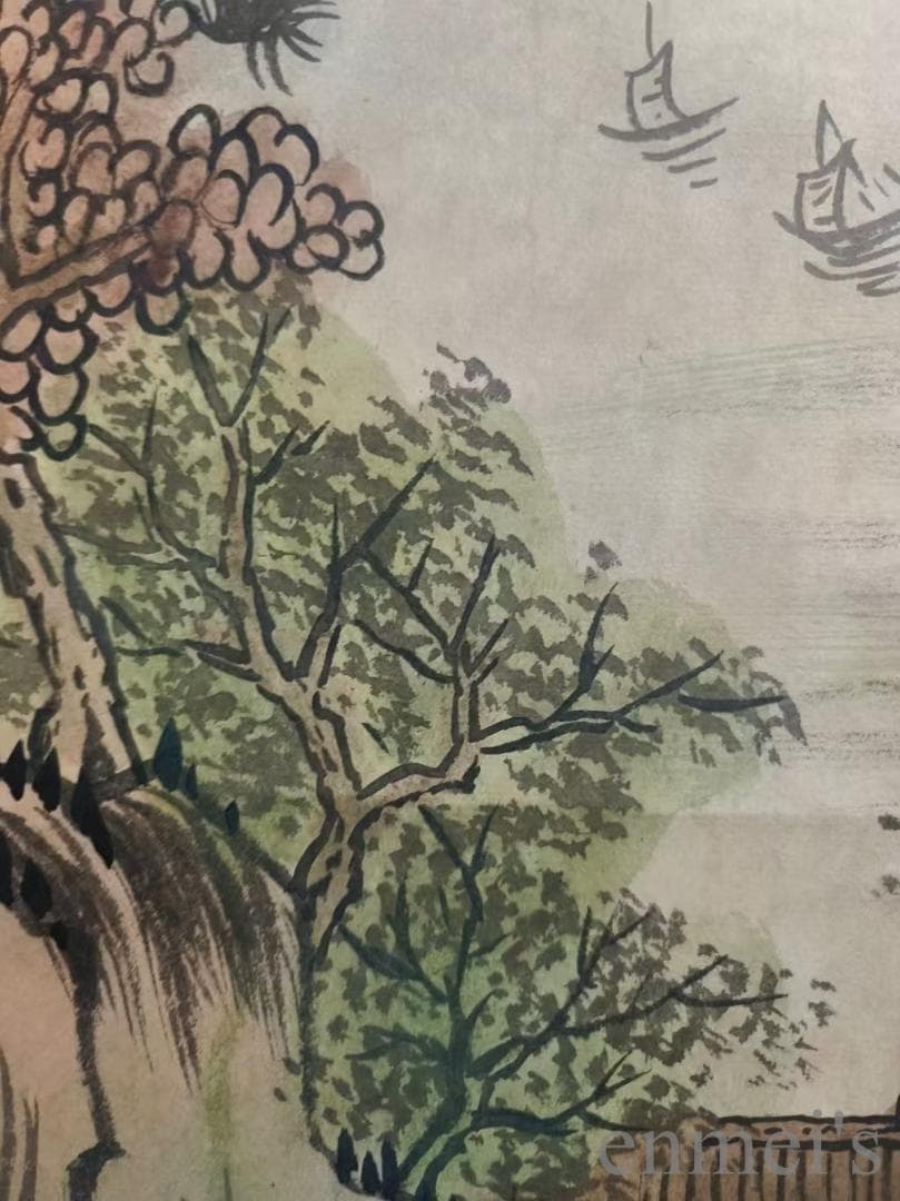 中国古美術.明時代.文徴明款.山水図.宣紙.三尺.肉筆.掛け軸.在銘.文房置物