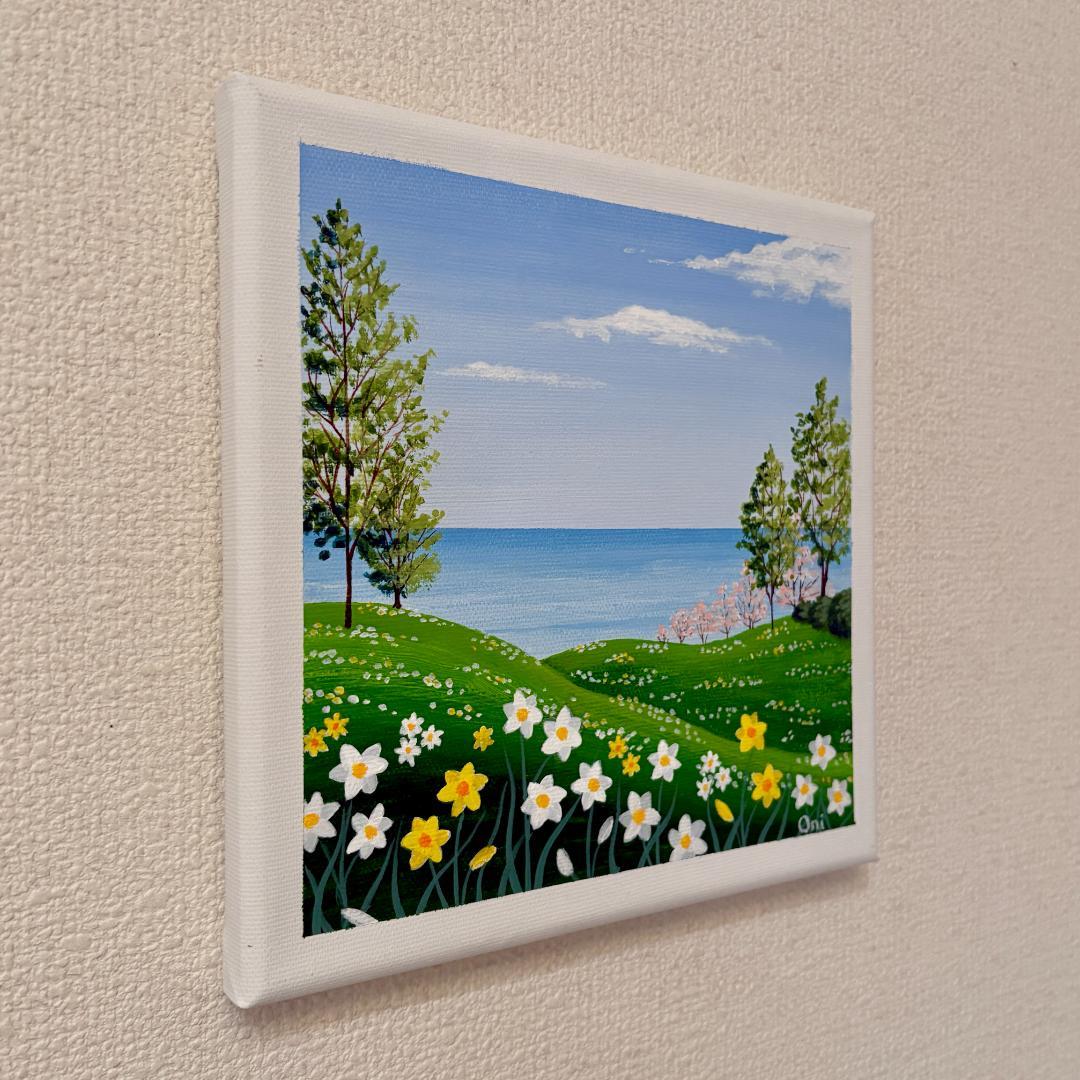 アクリル画　原画　「スイセンの咲く丘03」　キャンバス　SSMサイズ　風景画