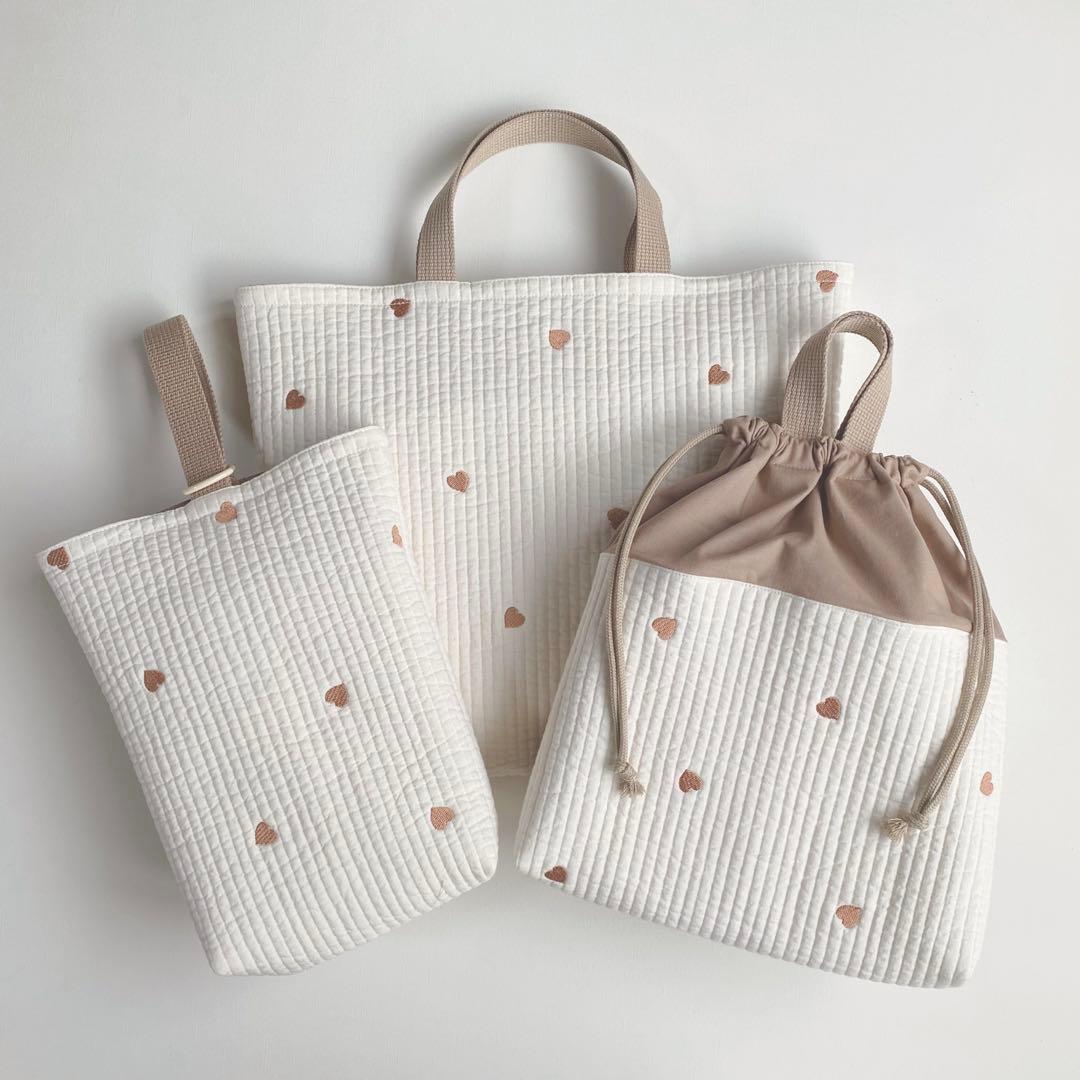 ハート刺繍　ヌビ　レッスンバッグ　シューズ入れ　お着替え袋　3点セット　女の子