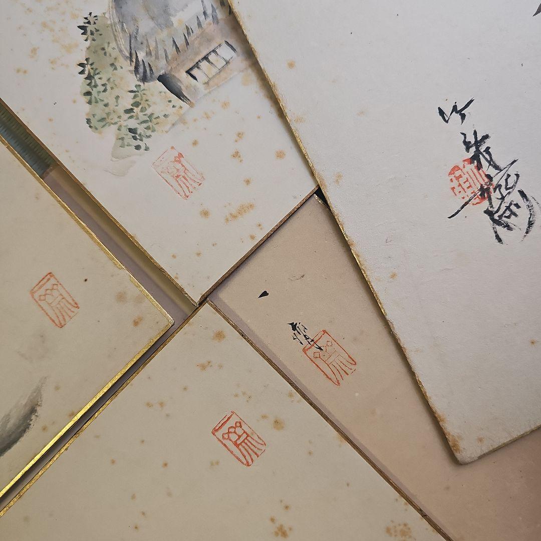 昭和レトロ/1950年代物】色紙5枚 直筆 民家 籠 紅炉一点雪 春蘭 一齋??